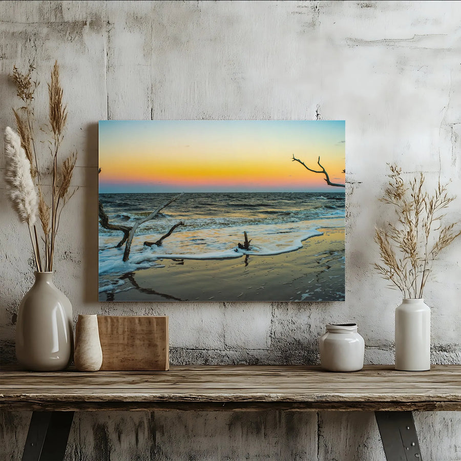 Coastal Beach Sunset Driftwood Horizontal Canvas | Boneyard Ocean Wave Landscape Print | Premium 1.25” Gallery Wrap, Fade-Resistant | Modern Living Room Decor, Nature Lover Gift