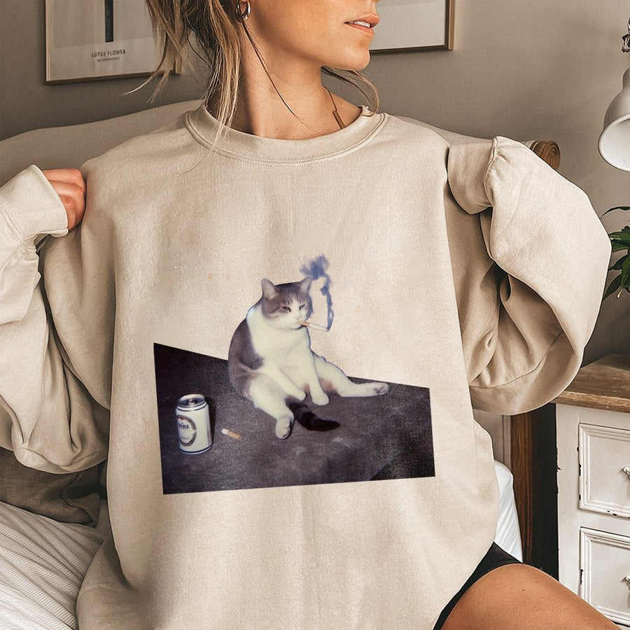 Funny Cat Smoking Sweatshirt | Retro Meme Graphic Pullover | Soft Cotton Blend | Unique Gift for Cat Lovers and Humorous Streetwear Enthusiasts