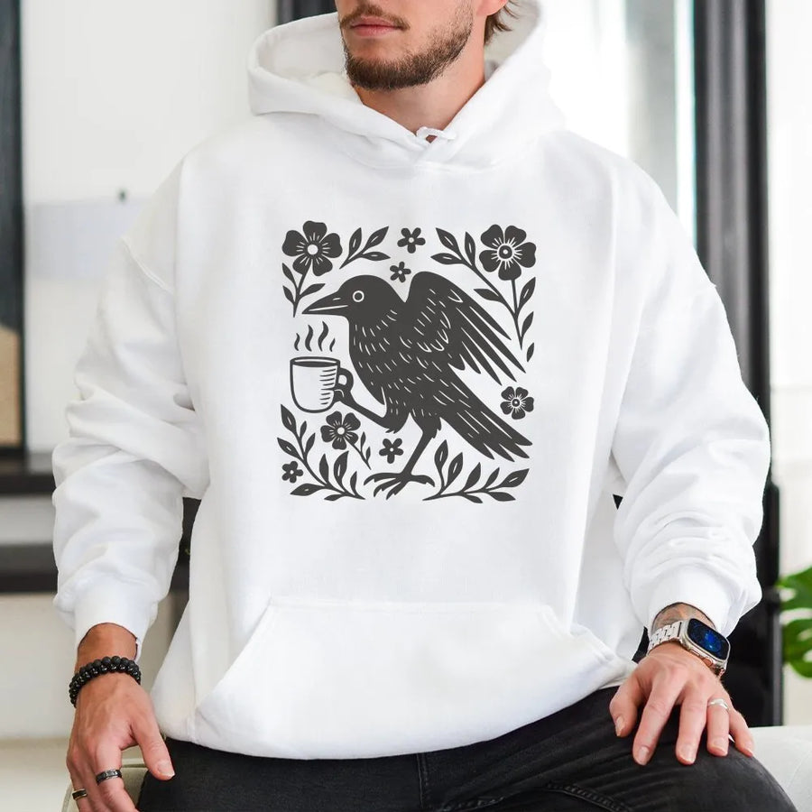Gothic Crow Coffee Lover Hoodie | Vintage Floral Bird Graphic Sweatshirt | Premium Cotton Blend | Dark Academia Unisex Gift