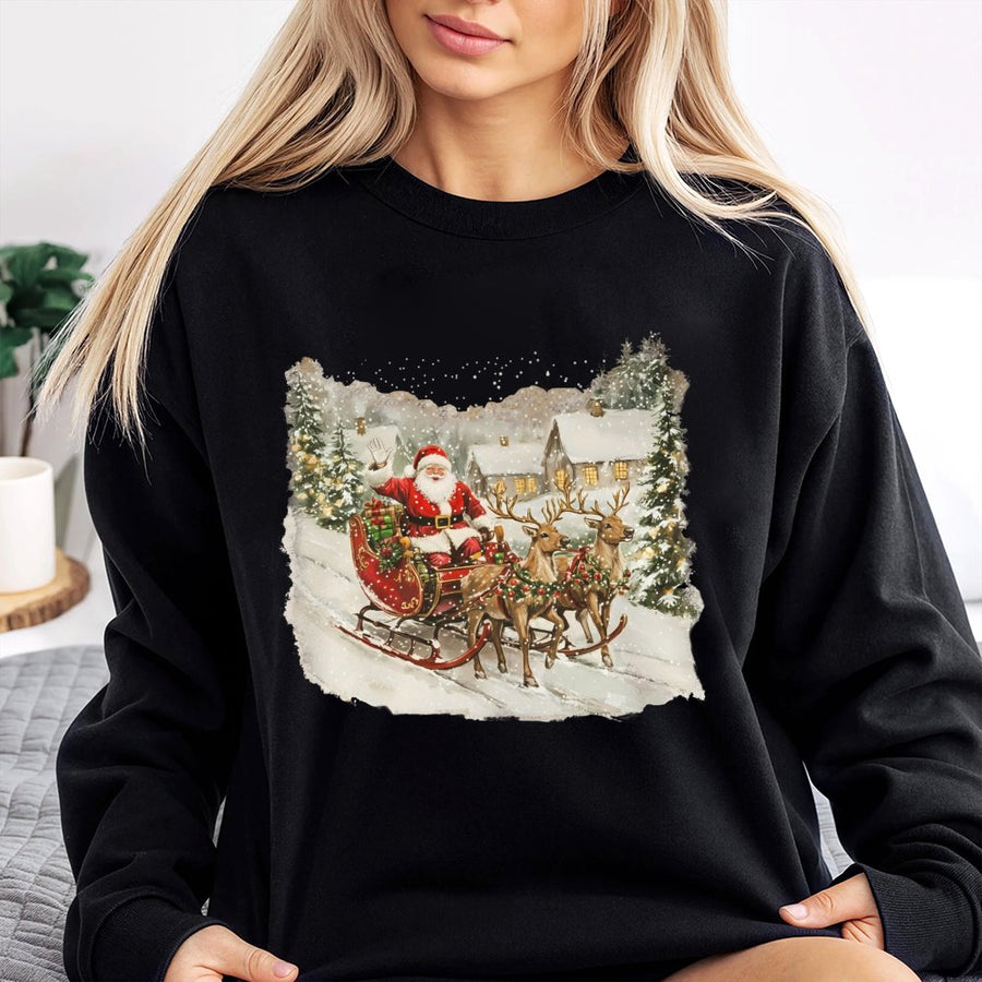 Vintage Christmas Village Sweatshirt | Santa Claus & Reindeer Sleigh Graphic | Premium Cotton Blend | Cozy Holiday Gift for Women & Men