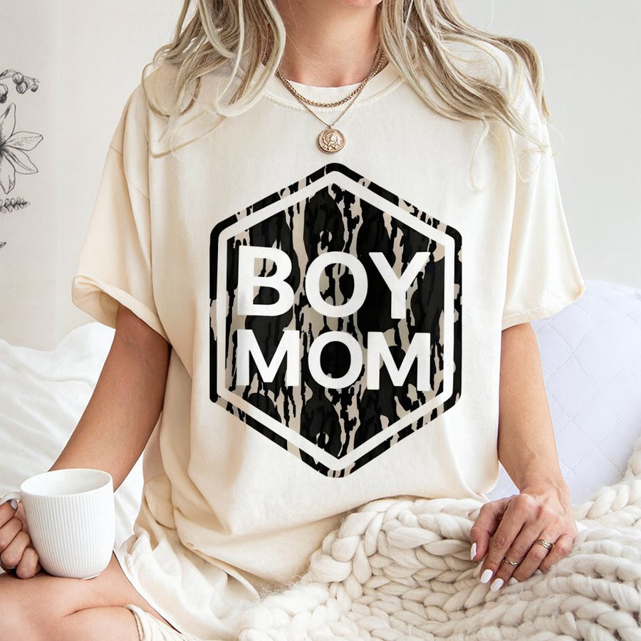 Boy Mom T-Shirt | Camo Hexagon Graphic Print | Premium Soft Cotton | Stylish Gift for Mothers and Mama Bear Lovers