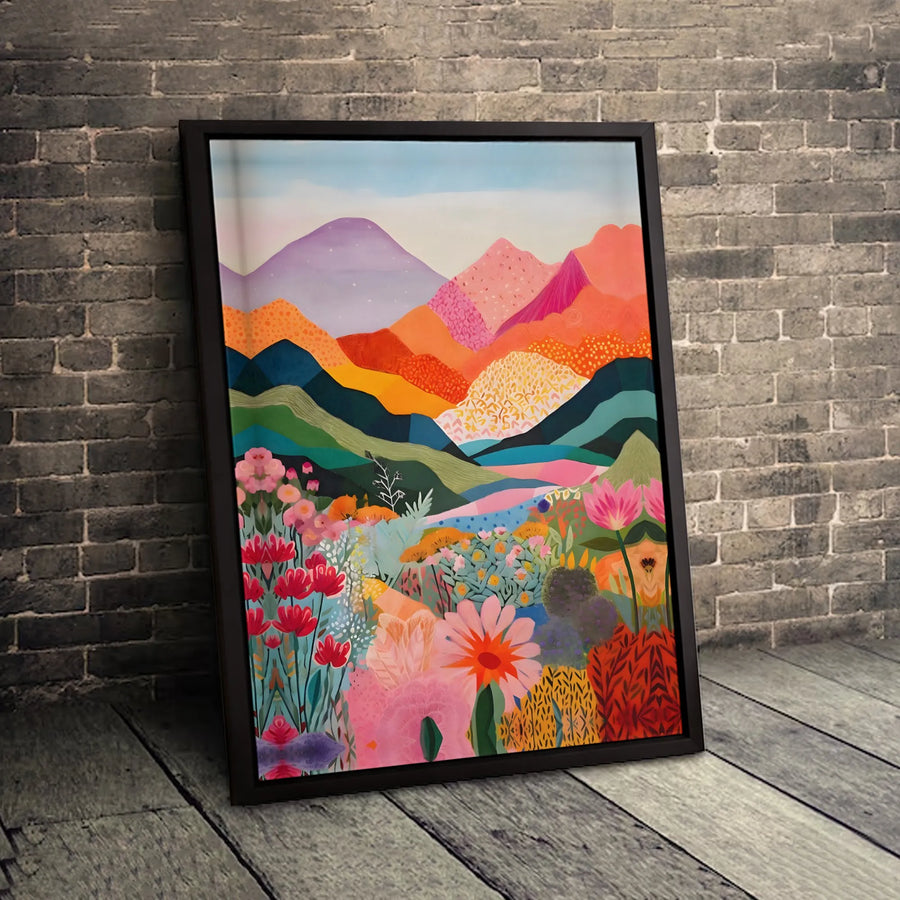 Colorful Mountain Landscape Canvas Art | Vibrant Wildflower Floral Wall Decor | Premium Fade-Resistant Gallery Wrap | Modern Boho Home Gift Idea