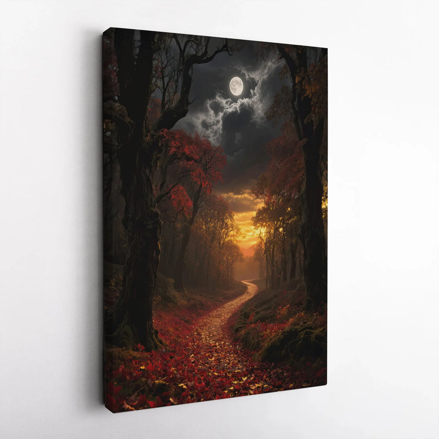 Enchanted Forest Canvas Wall Art | Autumn Moonlit Path Landscape | Premium Fade-Resistant Gallery Wrap | Moody Home Decor for Nature Lovers