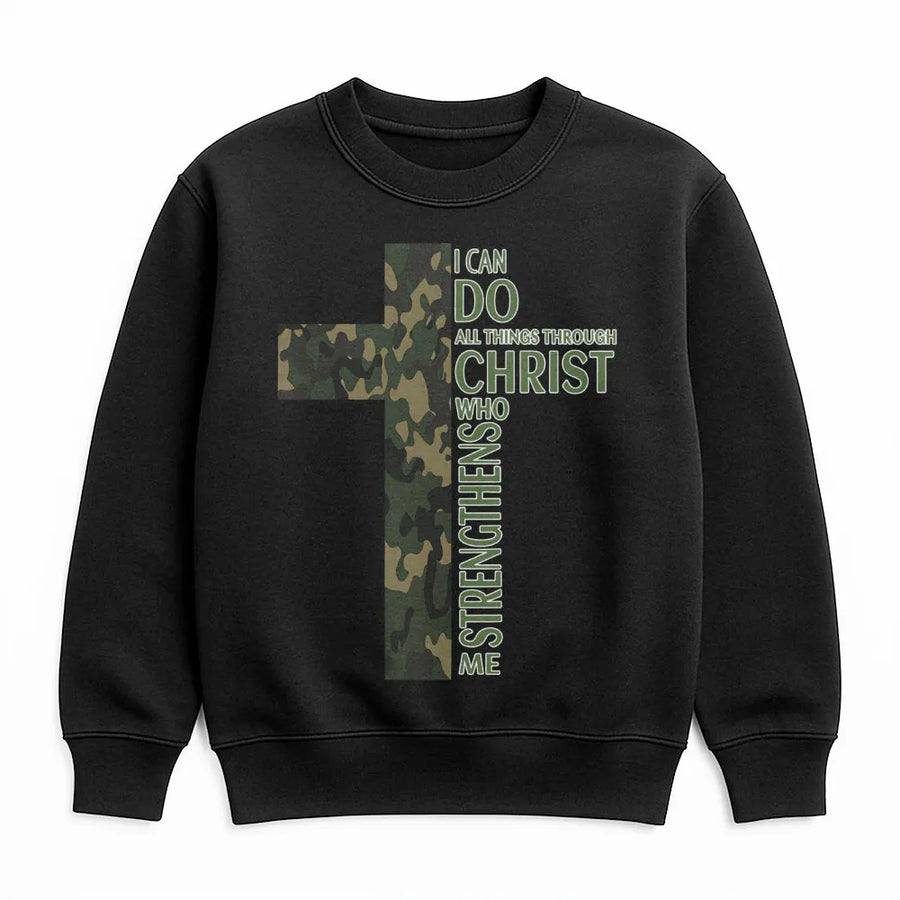 Camo Cross Sweatshirt | I Can Do All Things Through Christ Bible Verse | Premium Cotton Blend | Faith Based Christian Gift for Men and Women
