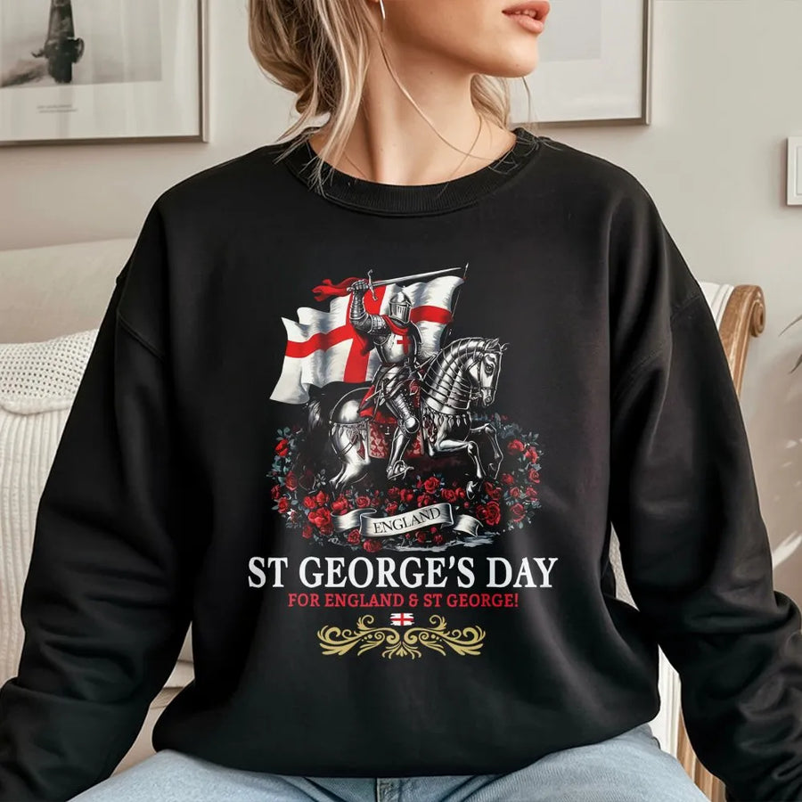 St George's Day Sweatshirt | England Flag Knight on Horseback Graphic | Premium Cotton-Blend Sweatshirt | Unisex Patriotic English Heritage Gift