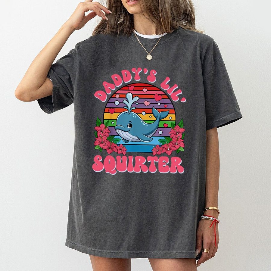 Daddy's Lil Squirter T-Shirt | Funny Whale Retro Graphic Tee | Premium 100% Cotton Apparel | Adult Humor Gag Gift For Partners