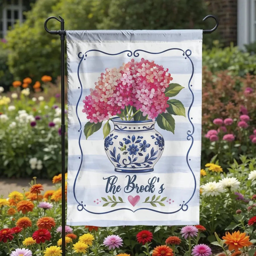 Hydrangea Garden Flag | Grandmillennial Chinoiserie Vase Print | Weather-Resistant Double Sided Fabric | Welcome House Flag Gift for Yard Decor