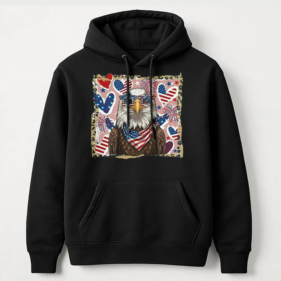 Patriotic Eagle Hoodie | American Flag Graphic with Sunglasses | Premium Soft Cotton Blend Sweatshirt | Unisex 4th of July Gift