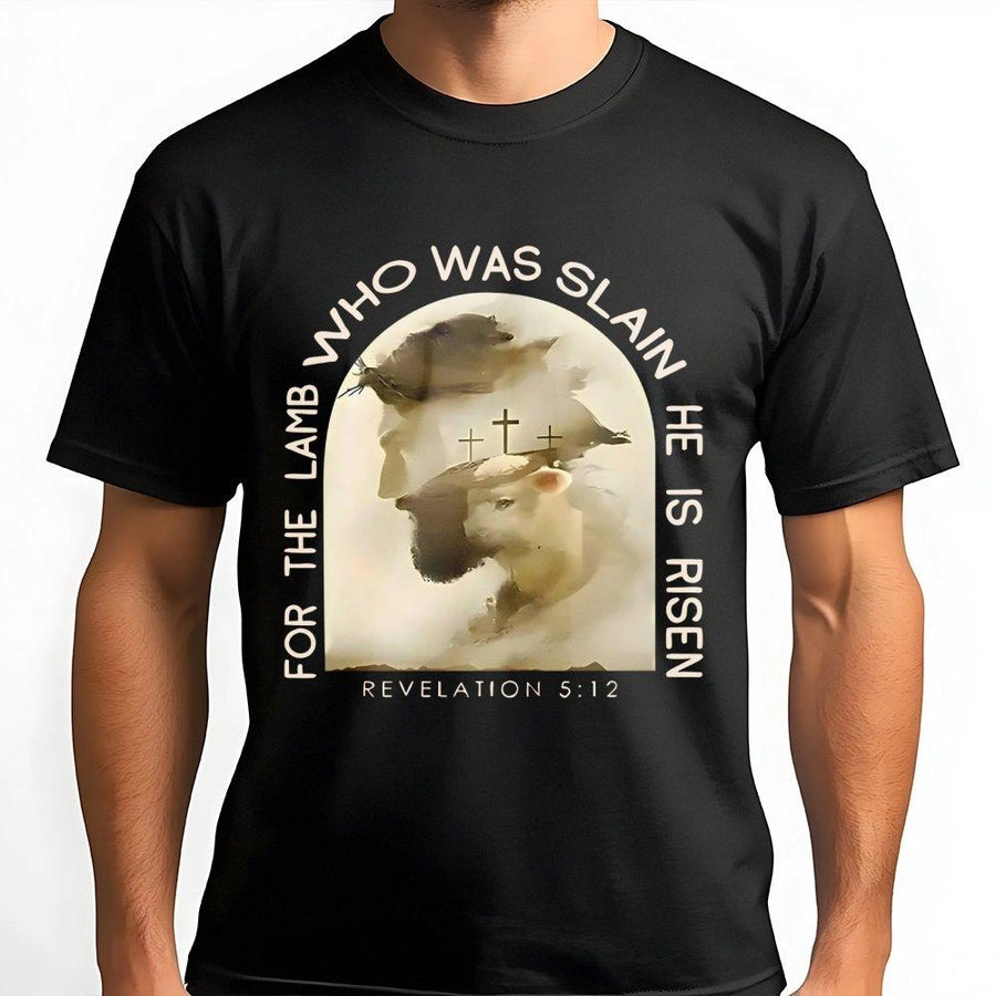 Lamb Who Was Slain T-Shirt | Revelation 5:12 Bible Verse Graphic | Premium Cotton Religious Apparel | Christian Faith Gift for Men and Women