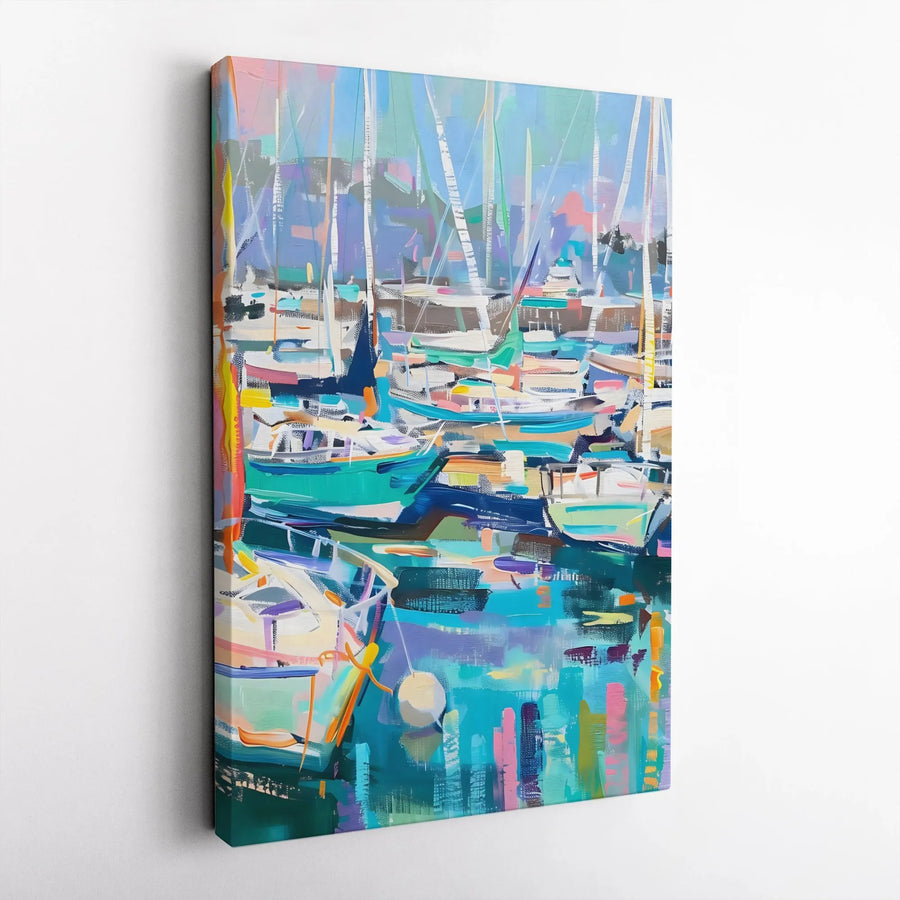 Abstract Sailboat Harbor Vertical Canvas | Vibrant Impressionist Marina Painting | Premium Gallery Wrapped Wall Art | Coastal Living Room Decor Gift
