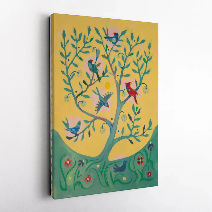 Folk Art Tree Of Life Canvas | Colorful Bird Wall Decor | Gallery Wrapped Premium Print | Artistic Home Gift For Nature Lovers