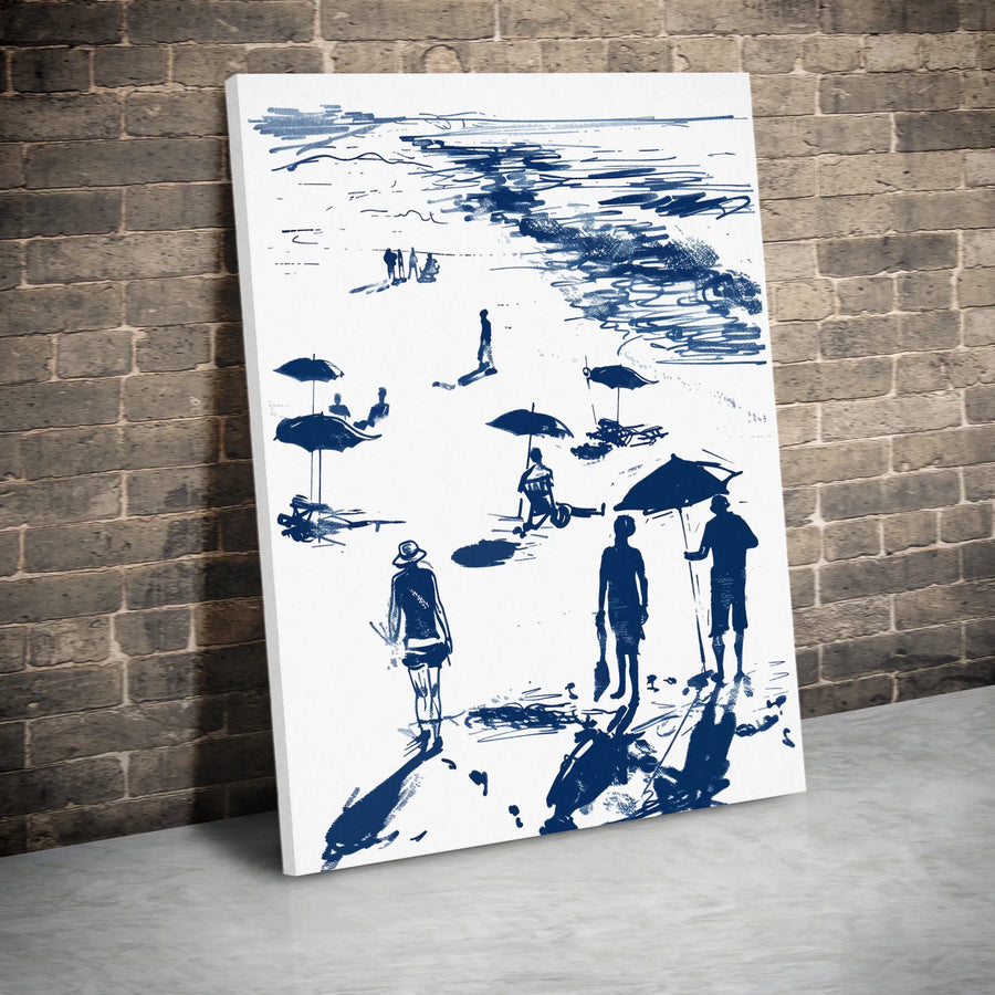 Coastal Beach Art Canvas | Navy Blue Summer Sketch Print | Premium Gallery Wrapped Wall Decor | Minimalist Seascape Gift for Home Office