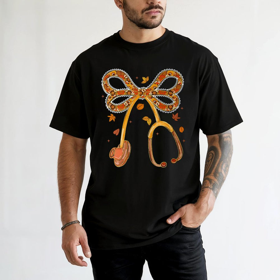 Fall Nurse T-Shirt | Boho Stethoscope With Autumn Leaves Bow | Premium Cotton Unisex Tee | Nursing Student Thanksgiving Gift