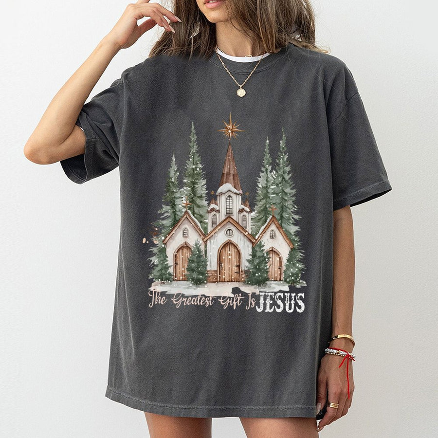 The Greatest Gift Is Jesus T-Shirt | Watercolor Snowy Church Graphic | Premium 100% Cotton | Religious Christmas Gift for Christians