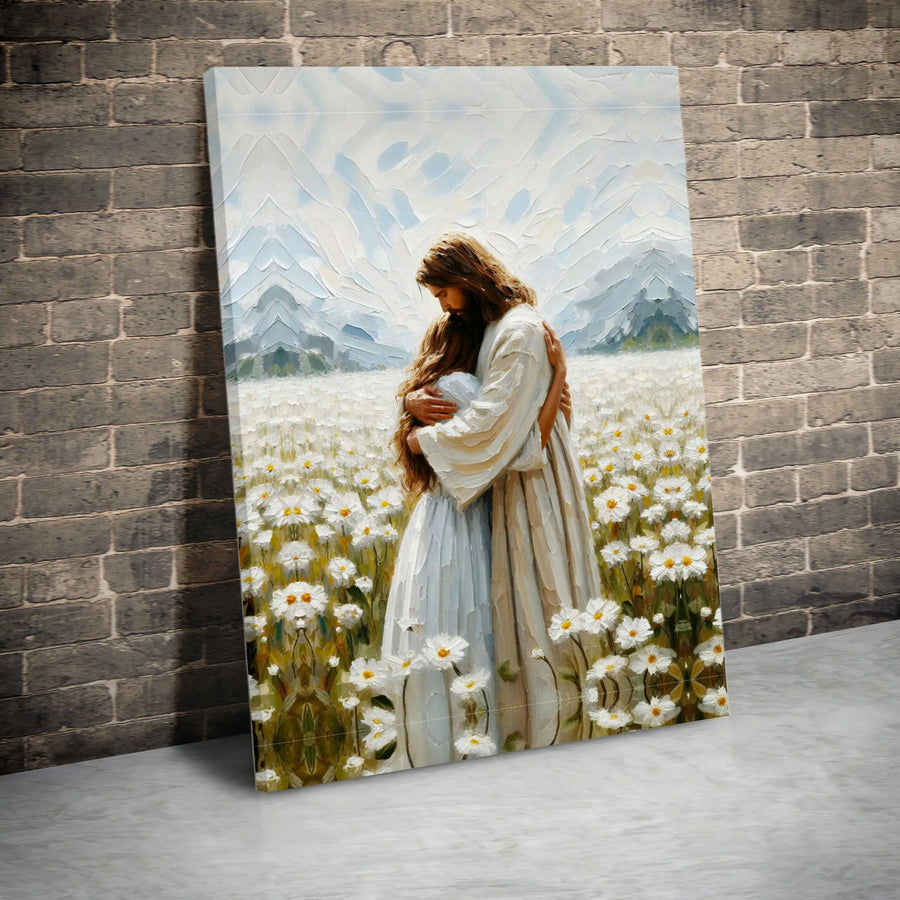Jesus Christ Embracing Woman Canvas | Daisy Field Religious Wall Art | Premium Gallery Wrapped Print | Inspirational Christian Home Decor Gift