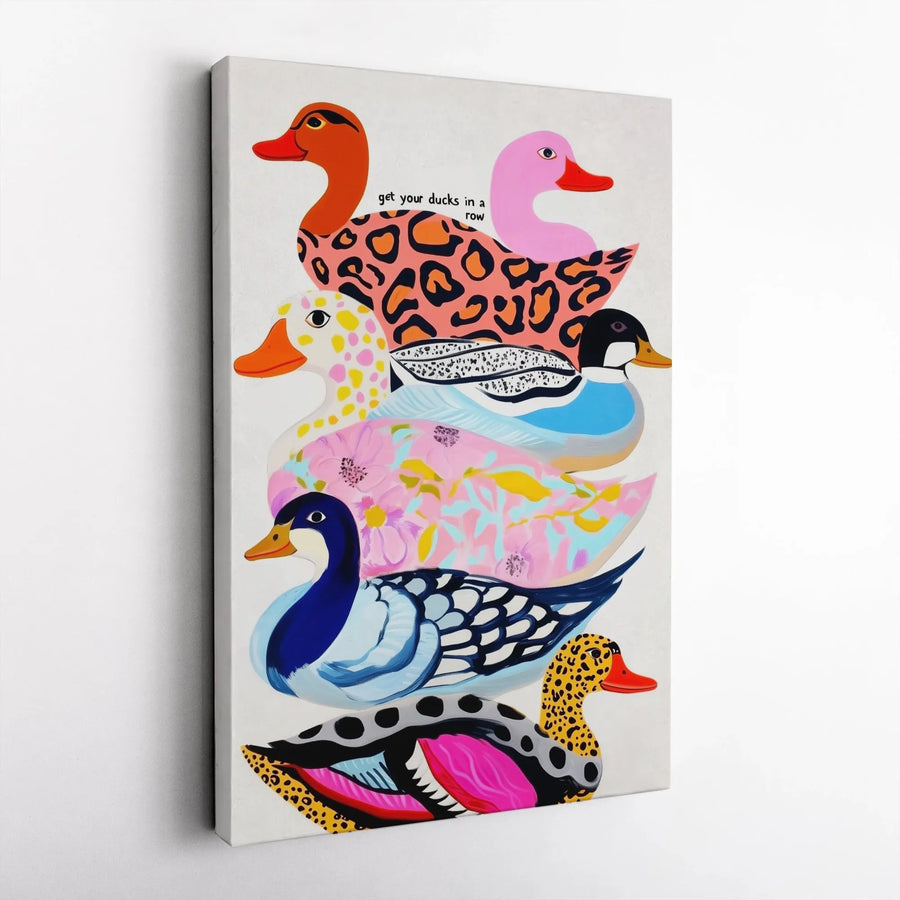 Colorful Duck Wall Art Canvas | Get Your Ducks In A Row Whimsical Design | Premium 1.25 Inch Gallery Wrap | Modern Home Decor Gift