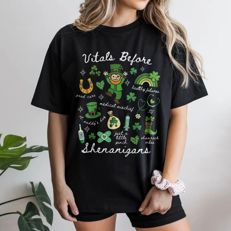 St. Patrick's Day Nurse T-Shirt | Vitals Before Shenanigans Graphic Tee | Soft Cotton Healthcare Apparel | Funny Medical Staff Holiday Gift