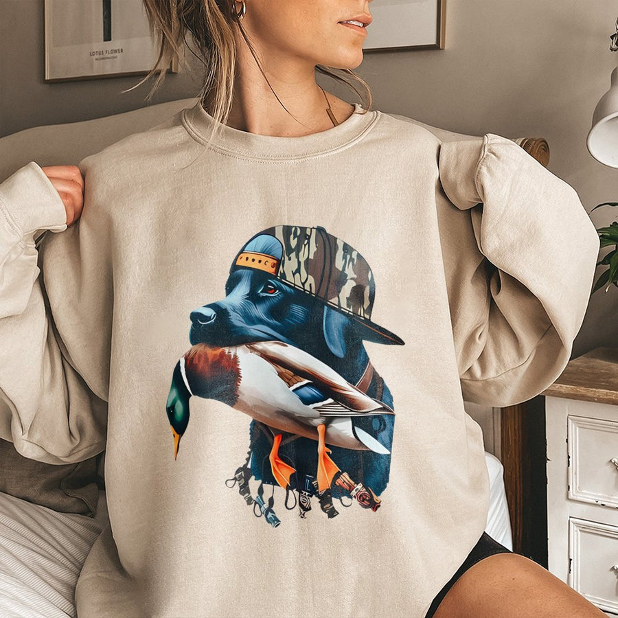 Hunting Dog Sweatshirt | Mallard Duck Retriever Graphic | Premium Cotton Blend Crewneck | Outdoor Sportsman Gift for Men and Women