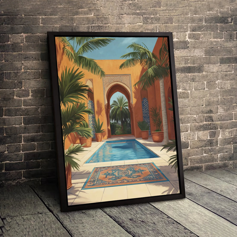 Moroccan Riad Canvas Print | Mediterranean Courtyard With Pool Art | Premium 1.25" Gallery Wrap | Boho Home Decor Gift For Travel Lovers