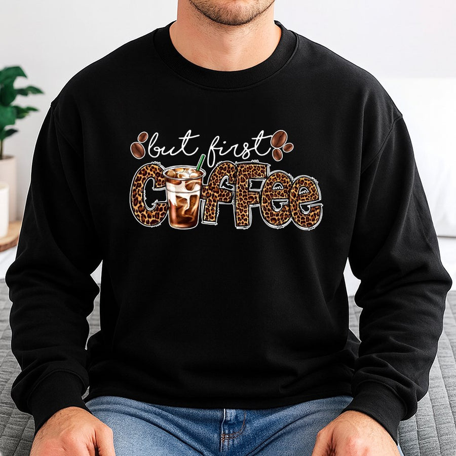But First Coffee Sweatshirt | Leopard Print Iced Coffee Graphic Design | Premium Cotton Blend Crewneck | Trendy Caffeine Lover Gift For Her