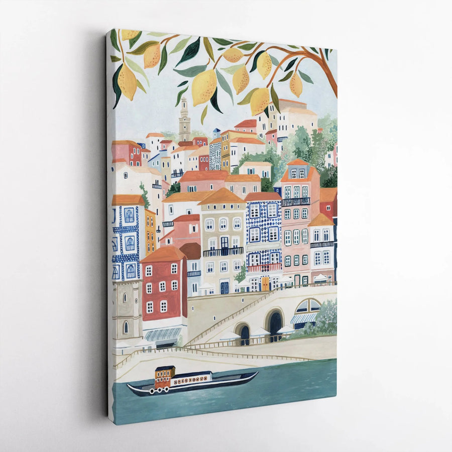 Porto Portugal Canvas Print | Lemon Tree Cityscape Illustration | Premium Gallery Wrapped Canvas | European Travel Lover Gift
