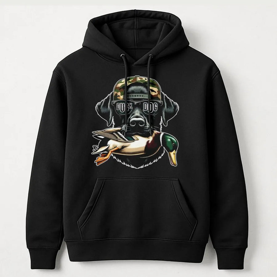 Labrador Duck Hunting Hoodie | Black Lab Mallard Dog with Camo Hat | Premium Cotton Blend | Gift for Hunter and Dog Lover