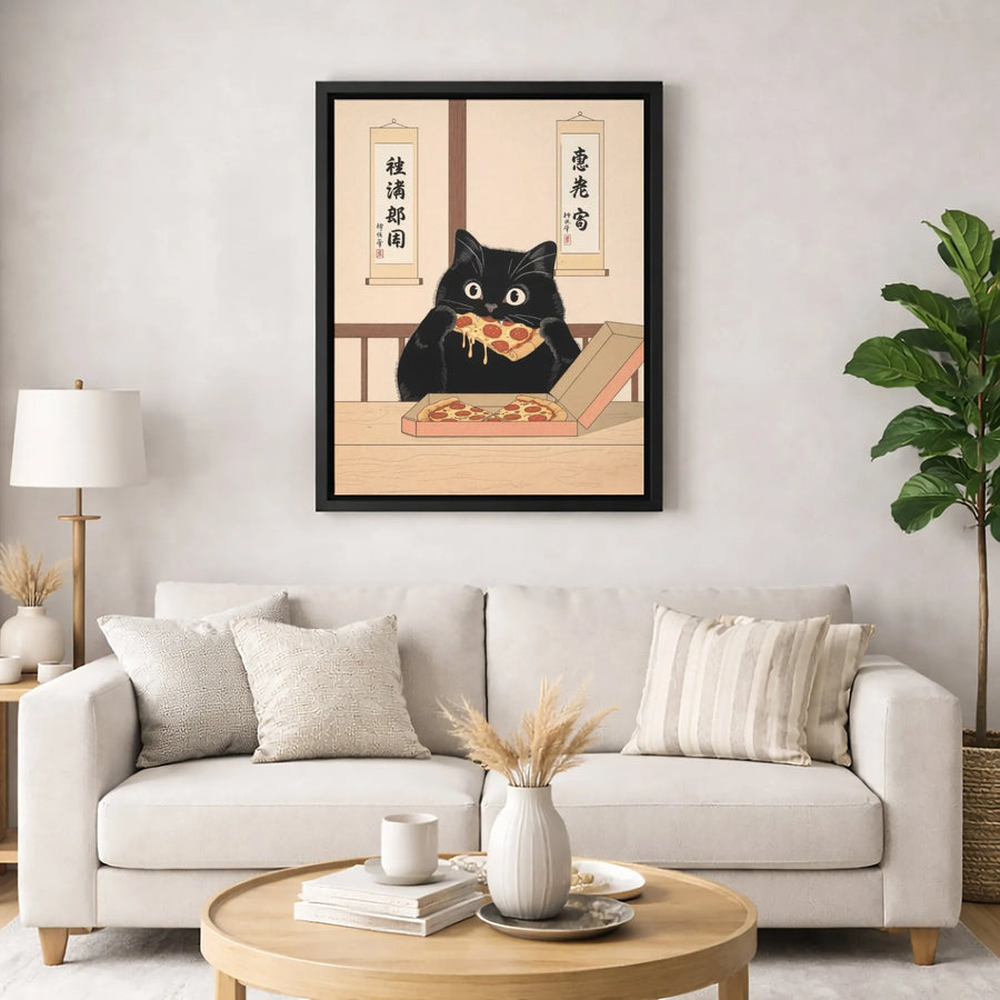 Japanese Ukiyo-e Black Cat Canvas Art | Funny Pizza Lover Wall Decor | Premium 1.25" Gallery Wrap | Quirky Gift for Cat Owners & Foodies