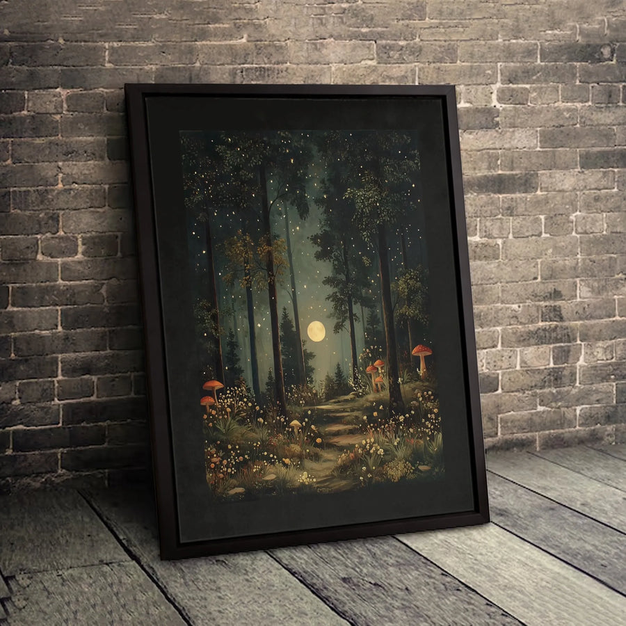 Enchanted Forest Canvas Wall Art | Whimsical Mushroom Moonlight Landscape | Premium Gallery Wrap Print | Nature-Inspired Home Decor Gift
