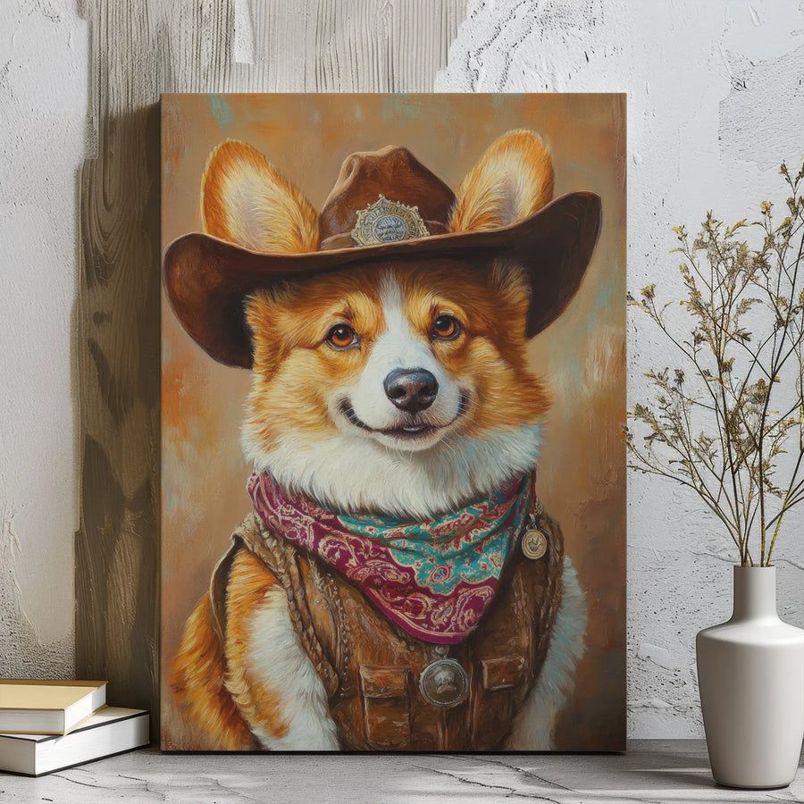 Cowboy Corgi Canvas Wall Art | Western Sheriff Dog Portrait | Premium Stretched Gallery Wrap | Unique Dog Lover Gift Decor