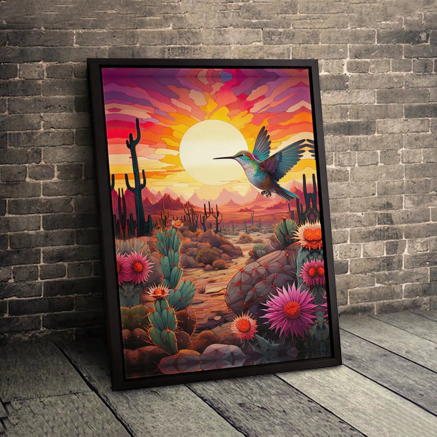 Hummingbird Desert Sunset Canvas Wall Art | Vibrant Cactus Flowers Print | 1.25-Inch Gallery Wrap | Southwestern Home Decor Gift