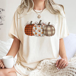 Fall Pumpkin T-Shirt | Patchwork Plaid and Floral Graphic Design | 100% Cotton Premium Comfort Tee | Thanksgiving Harvest Gift for Her