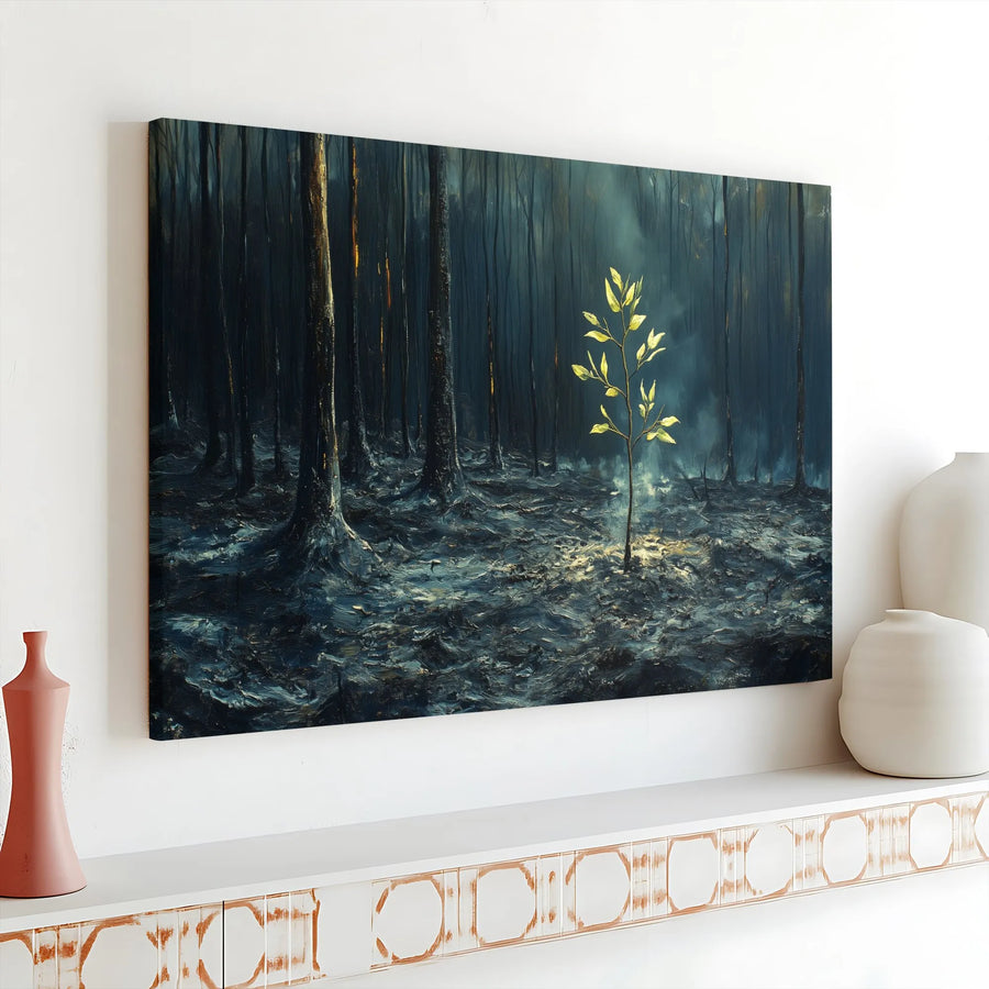 Hopeful Golden Sapling Canvas Wall Art | Burnt Forest Nature Landscape Print | Premium 1.25-inch Gallery Wrap | Inspirational Home Decor Gift