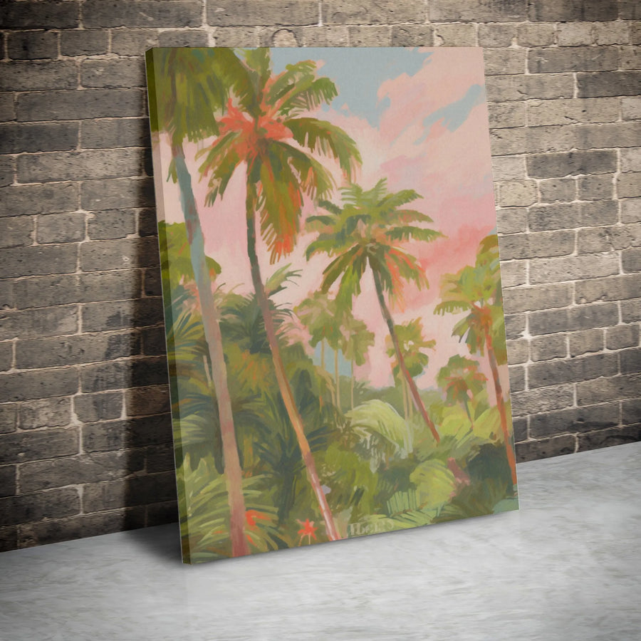 Tropical Palm Tree Canvas Wall Art | Pink Sunset Coastal Landscape | Premium Fade-Resistant Gallery Print | Modern Bohemian Home Decor