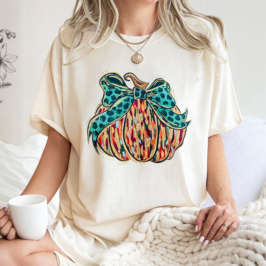Preppy Pumpkin T-Shirt | Leopard Print Bow Fall Graphic | 100% Cotton Premium Tee | Cute Halloween Aesthetic Gift for Her