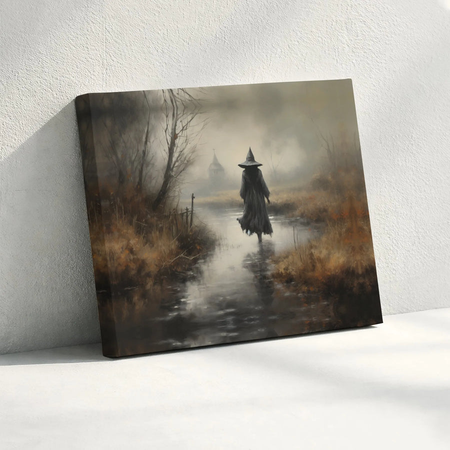 Gothic Witch Canvas Wall Art | Foggy River Landscape Decor | Premium Gallery-Wrapped Print | Dark Academia Aesthetic Gift for Home Office