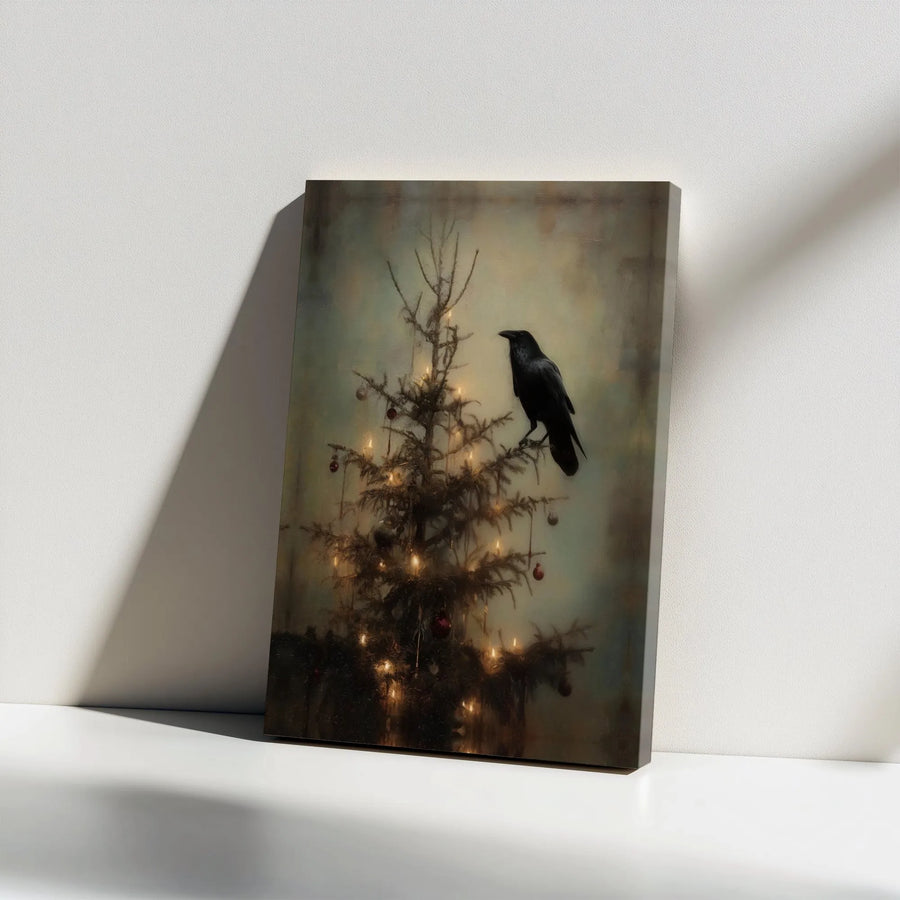 Gothic Raven Christmas Canvas Wall Art | Dark Academia Holiday Tree Decor | Gallery Wrap Premium Print | Moody Winter Gift for Home