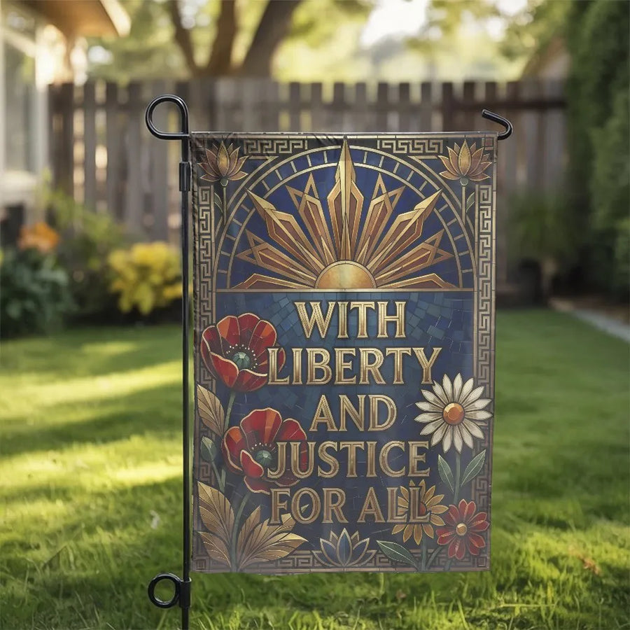 Liberty and Justice For All Garden Flag | Art Deco Floral Mosaic Design | Double-Sided Weather Resistant | Premium Patriotic Yard Decor Gift