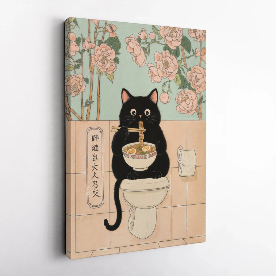 Japanese Ramen Cat Canvas Print | Funny Black Cat Bathroom Wall Art | Gallery Wrapped Premium Decor | Whimsical Gift For Cat Lovers