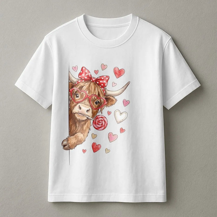 Highland Cow Valentine T-Shirt | Cute Coquette Heart Glasses Design | Premium Soft Cotton Tee | Romantic Gift for Her & Cow Lovers
