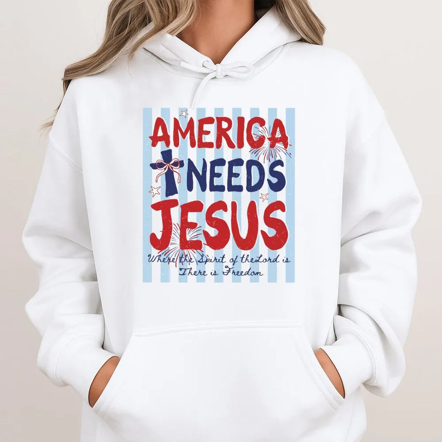 America Needs Jesus Hoodie | Patriotic Coquette Bow USA Graphic | Premium Cotton Comfort Colors Tee | 4th of July Christian Faith Gift