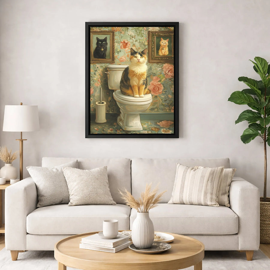Calico Cat Bathroom Wall Art | Funny Toilet Cat Portrait Canvas | Premium Fade-Resistant Home Decor | Whimsical Pet Lover Gift