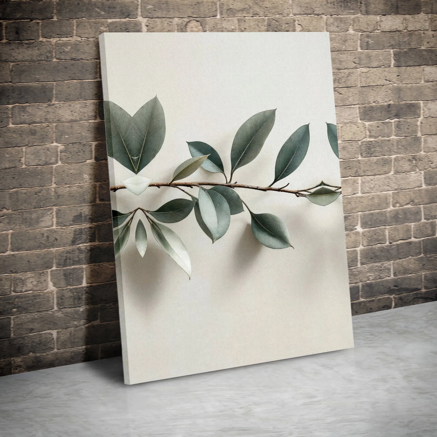Minimalist Botanical Wall Art | Sage Green Leaf Branch Print | Premium Gallery Wrapped Canvas | Modern Neutral Home Decor