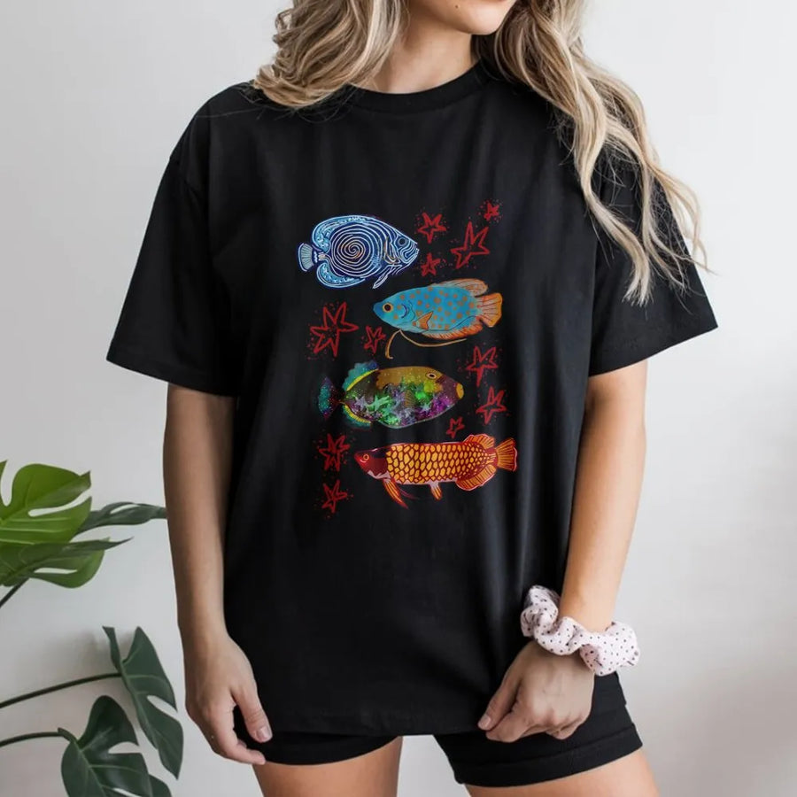 Colorful Fish Graphic Tee | Y2K Aquarium Aesthetic Tropical Fish Art | Soft Cotton T-Shirt | Trendy Streetwear Gift for Her