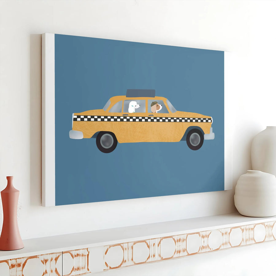 Dogs in Taxi Canvas Print | Whimsical NYC Yellow Cab Illustration | Premium Gallery Wrap Art | Gift for Dog Lover, Nursery Wall Decor