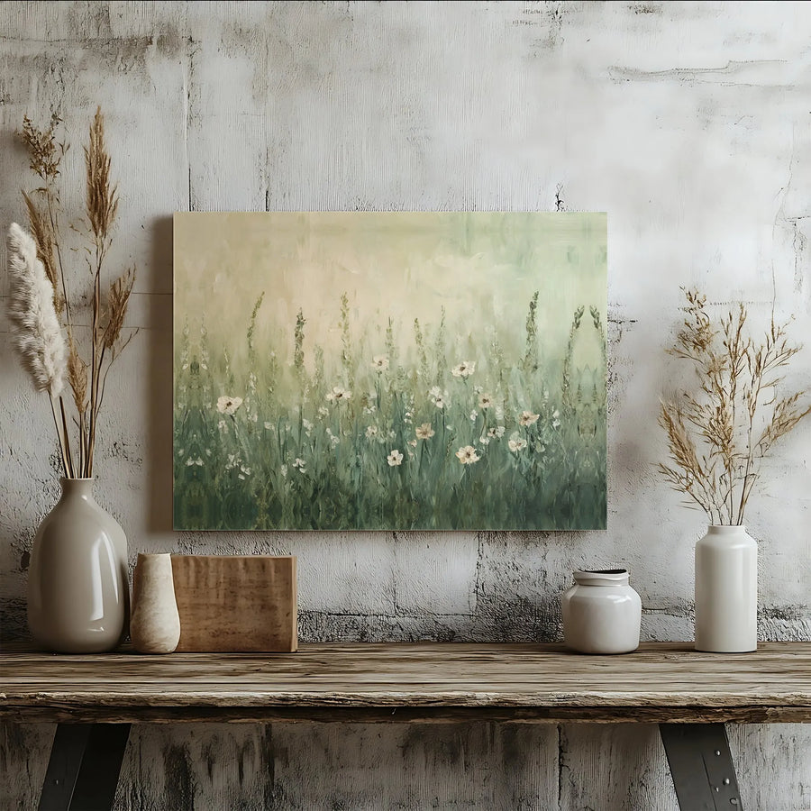 Sage Green Wildflower Meadow Canvas Wall Art | Impressionist Botanical Landscape | Premium Gallery Wrapped Print | Modern Minimalist Home Decor Gift