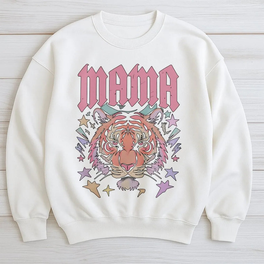 Mama Tiger Sweatshirt | Retro Graphic Rocker Style | Premium Cotton Blend Pullover | Gift for Cool Mom