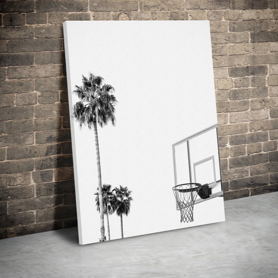 Basketball Palm Tree Vertical Canvas | Minimalist Black and White Photography | Premium Gallery Wrap | Modern Home Decor Gift for Basketball Fan