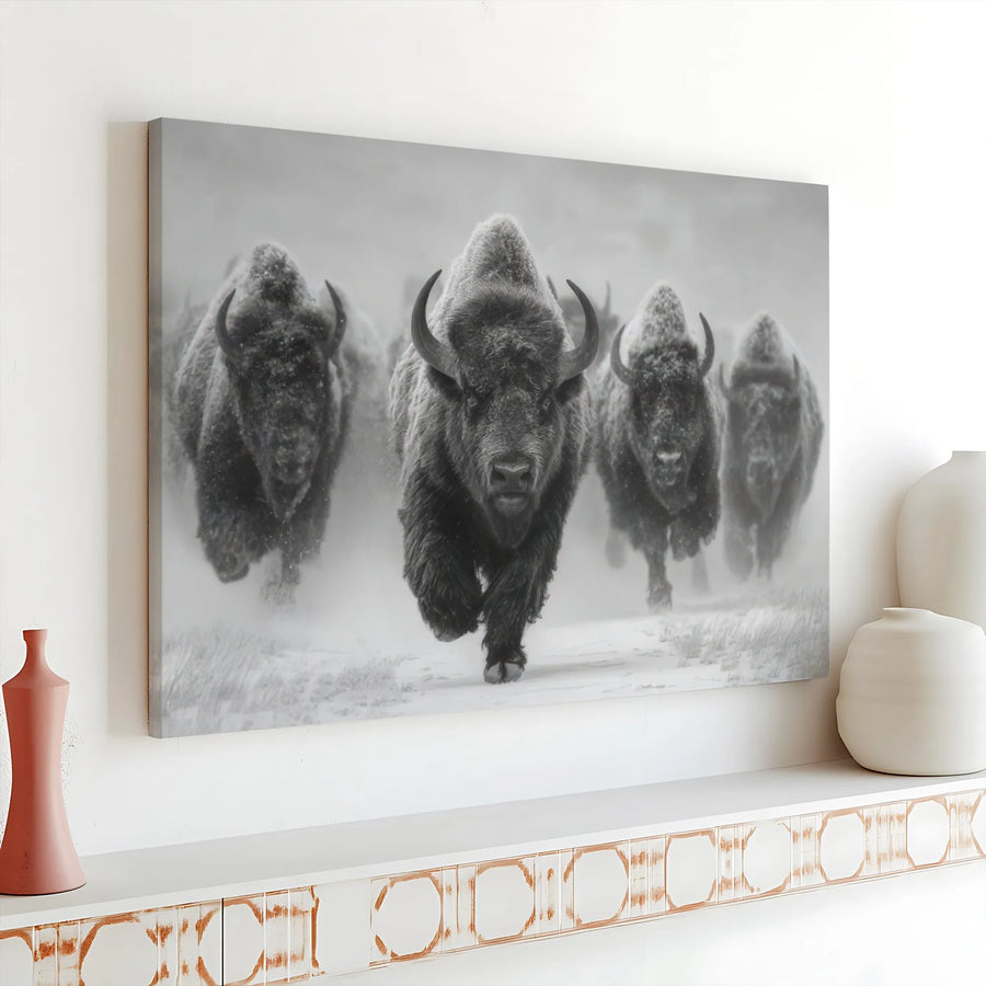 American Bison Canvas Print | Charging Buffalo Herd in Snow | Premium Gallery Wrapped Wall Art | Wildlife Nature Decor for Office or Living Room
