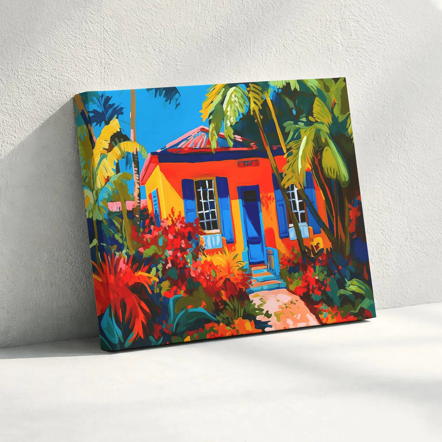 Tropical House Canvas Print | Colorful Island Villa Painting | Premium Gallery Wrapped Canvas | Coastal Home Decor Gift
