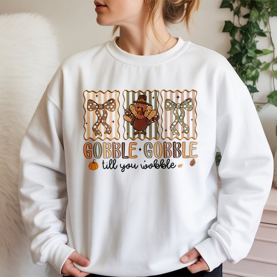 Gobble Gobble Till You Wobble Sweatshirt | Cute Turkey Fall Graphic | Premium Cotton Blend Crewneck | Thanksgiving Gift for Her and Him